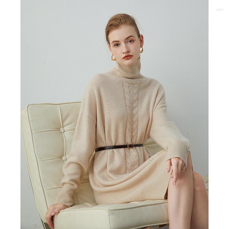 

Casual Dresses Autumn And Winter Women's High Collar Cashmere Dress Thickened Pullover Medium Long Wool Underlay Knitted Skirt Sweater, Beige