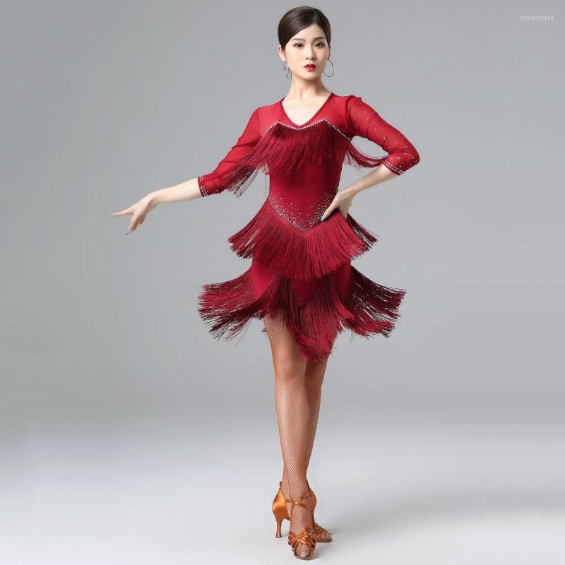 

Stage Wear Drilling Dresses Women Ballroom Samba Costume Party Dress Mesh Stretchy Latin Dance Fringes (with Underpants), Black