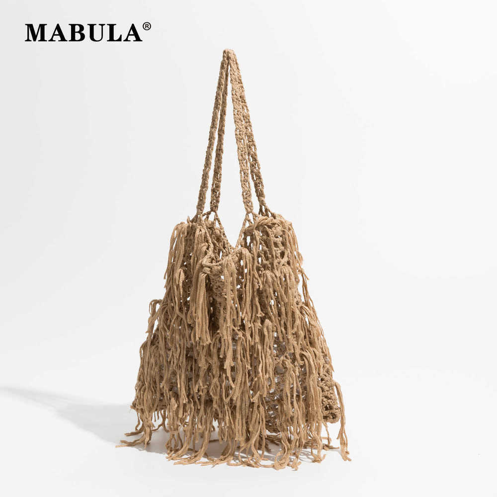 

Bohemian Tassel Cotton Rope Beach Bag Small Woven Fish Net Tote Handbag Lightweight Handmade Mesh Purse for Shopper 230315