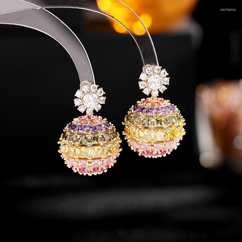 

Dangle Earrings Classic Micro Pave Cubic Zirconia Flower Ball Luxury Colorful Rainbow Disco Drop Earings For Women Boho Jewelry
