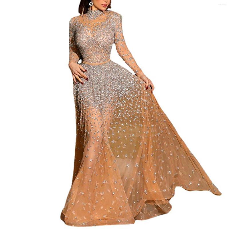 

Casual Dresses 2023 Luxury Women Long Sleeve High Neck Gilding Hip Wrap Trailing Evening Dress Ladies Elegant Wedding Ceremonial, Gold