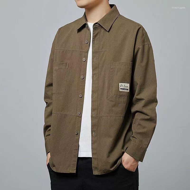 

Men's Casual Shirts 2023 Spring Cotton Men Autumn Hong Kong Style Long Sleeves Tooling Shirt Male Korean Loose Trendy Jacket, Dark coffee