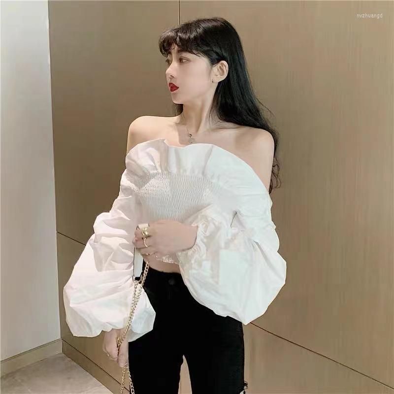 

Women' Blouses 2023 Spring Fashion Shirts Women Long Sleeve Off Shoulder Cropped Tops Solid Color Pleated Ruffles Blouse Ladies Shirt E186, Black