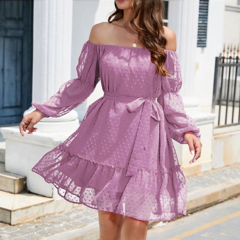 

Casual Dresses 2023 Hairball Chiffon Swing Dress Off Shoulder Long Sleeve Belt Women Loose, White