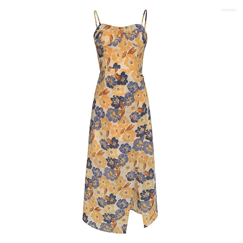 

Casual Dresses For Women Summer 2023 Floral Print Slit Strap Sleeveless Boho Side Midi Party Vestidos, Yellow