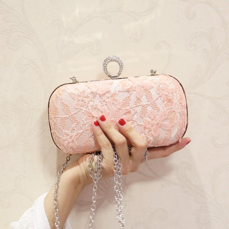 

Evening Bags Trendy Pink Blue Silk Lace Flower Small Handbags Womens Korean Fashion Crystal Ring Clutches Party Bag Ladies Clutch