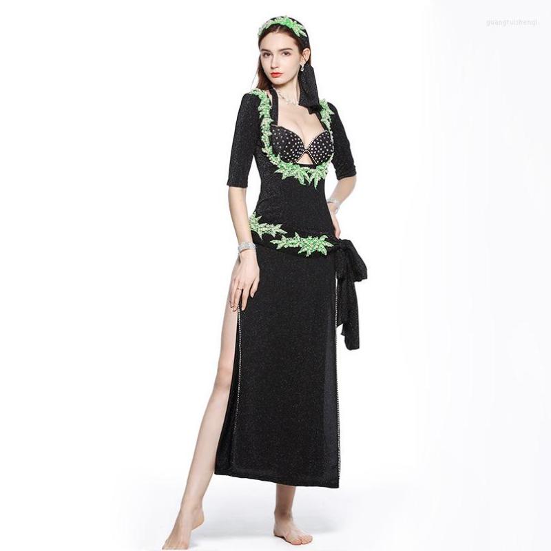 

Stage Wear 2023 Professional Women Belly Dance Clothes Floral Beaded Costume Embroidery Egyptian Beledi Saiidi Dresses 5pcs Set, Black