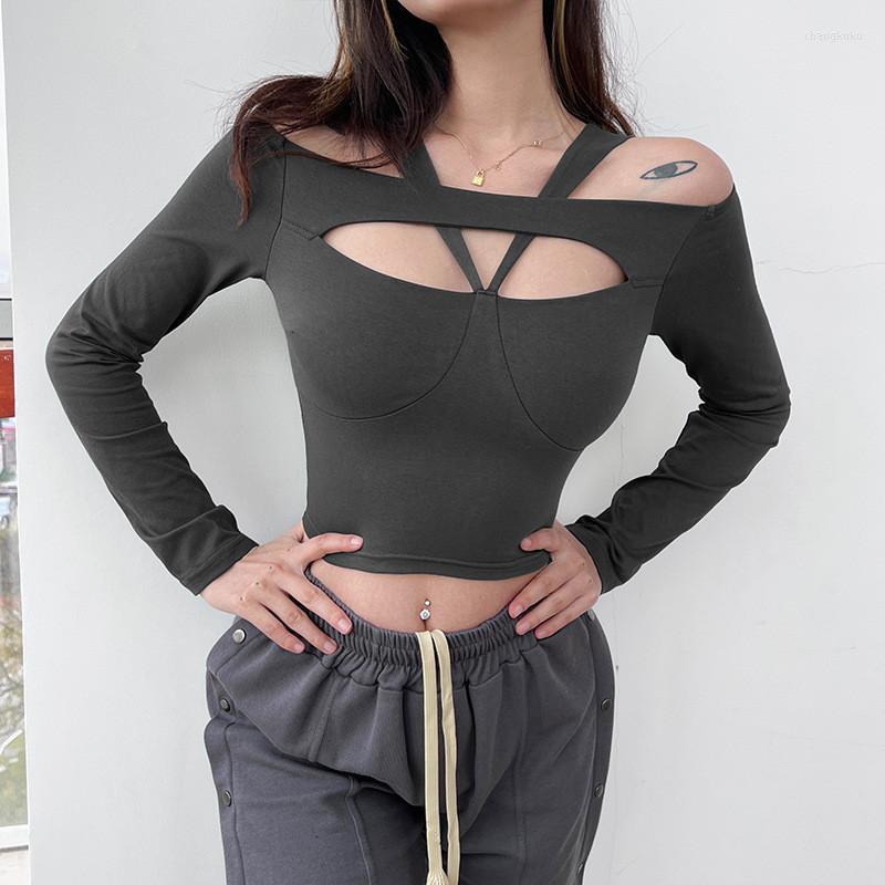 

Women' T Shirts Musuos Women Off Shoulder Cutout T-shirts Solid Color Long Sleeve Backless Slim Fit Crop Tops Fashion Streetwear Clothing, Dark grey