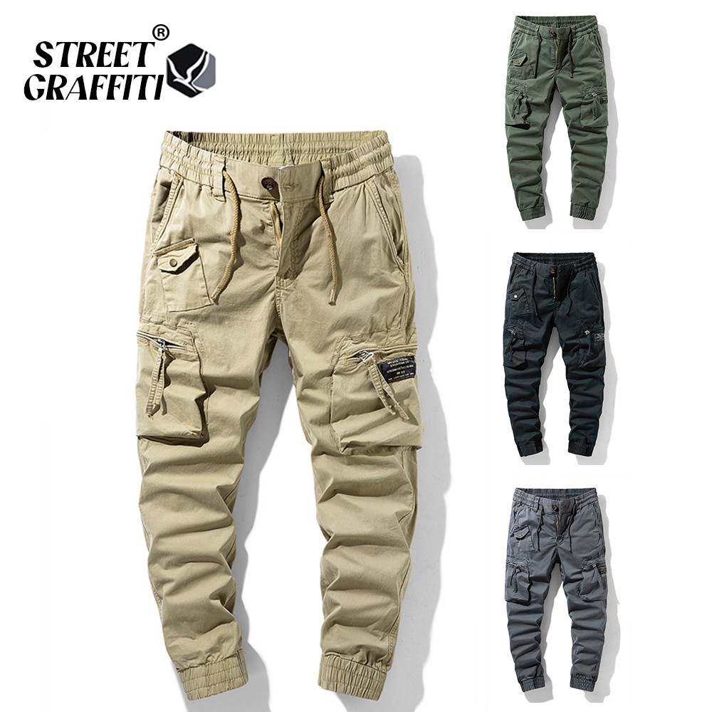 

Men's Pants Spring Cotton Cargo Clothing Autumn Casual Fashion Elastic Waist Quality Pantalones Tipo Men 230317, Green1
