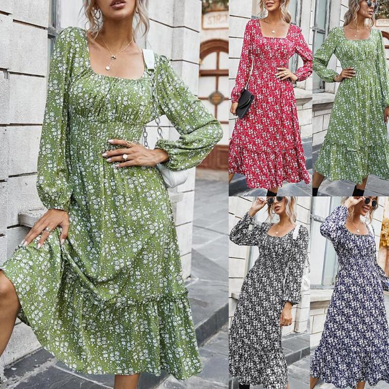 

Casual Dresses Women' Long Dress Floral Full-Sleeved Square Collar, Black