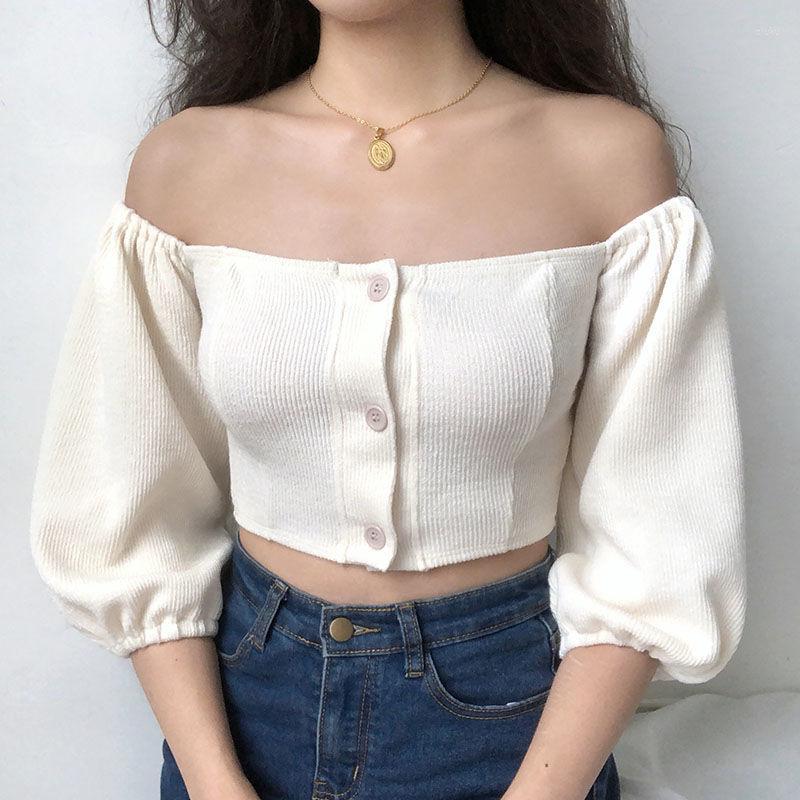 

Women's T Shirts Women Sexy High Waist Knitting Bubble Sleeves Crop Tops, Picture shown
