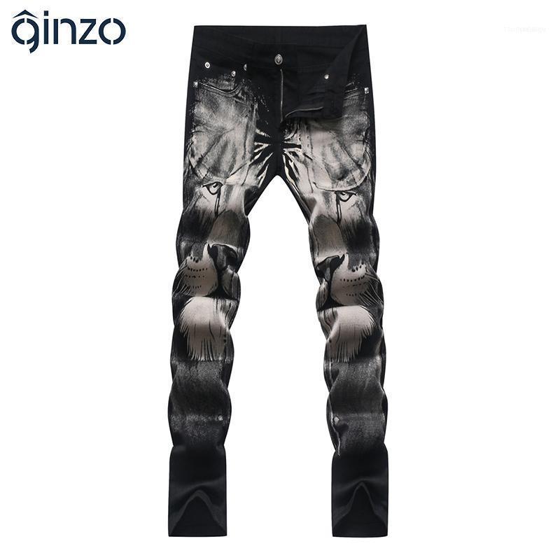 

Men's Jeans Fashion Lion Print Slim Straight Black Stretch Denim Pants Long Trousers1