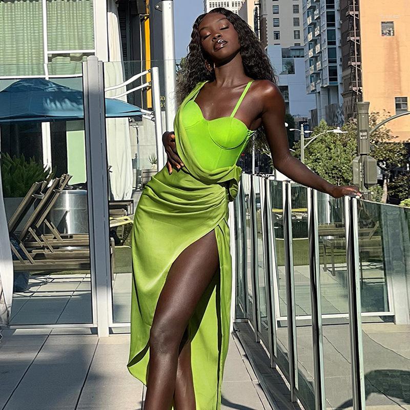 

Casual Dresses Women's Satin Irregular Sleeveless Long Sexy High Waist Bag Hip Slit Backless Party Club Wear Y2k Dress, Green