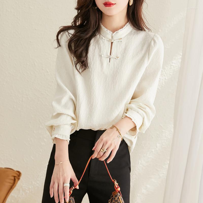 

Women' Blouses Solid Shirt For Women Spring/Summer 2023 In Chinoiserie Long Sleeve Fashion Slim Fit Korean Tops O-neck Casual, Beige