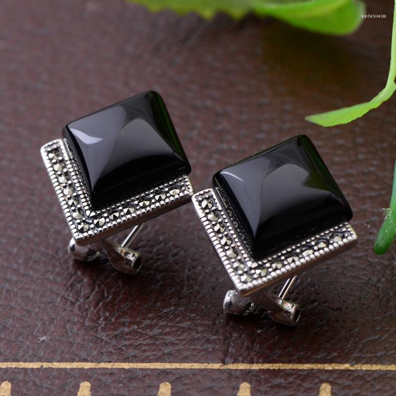 

Stud Earrings SA SILVERAGE Black Agate Ear Ring Square Zircon S925 Sterling Silver Fashion Buckle 925