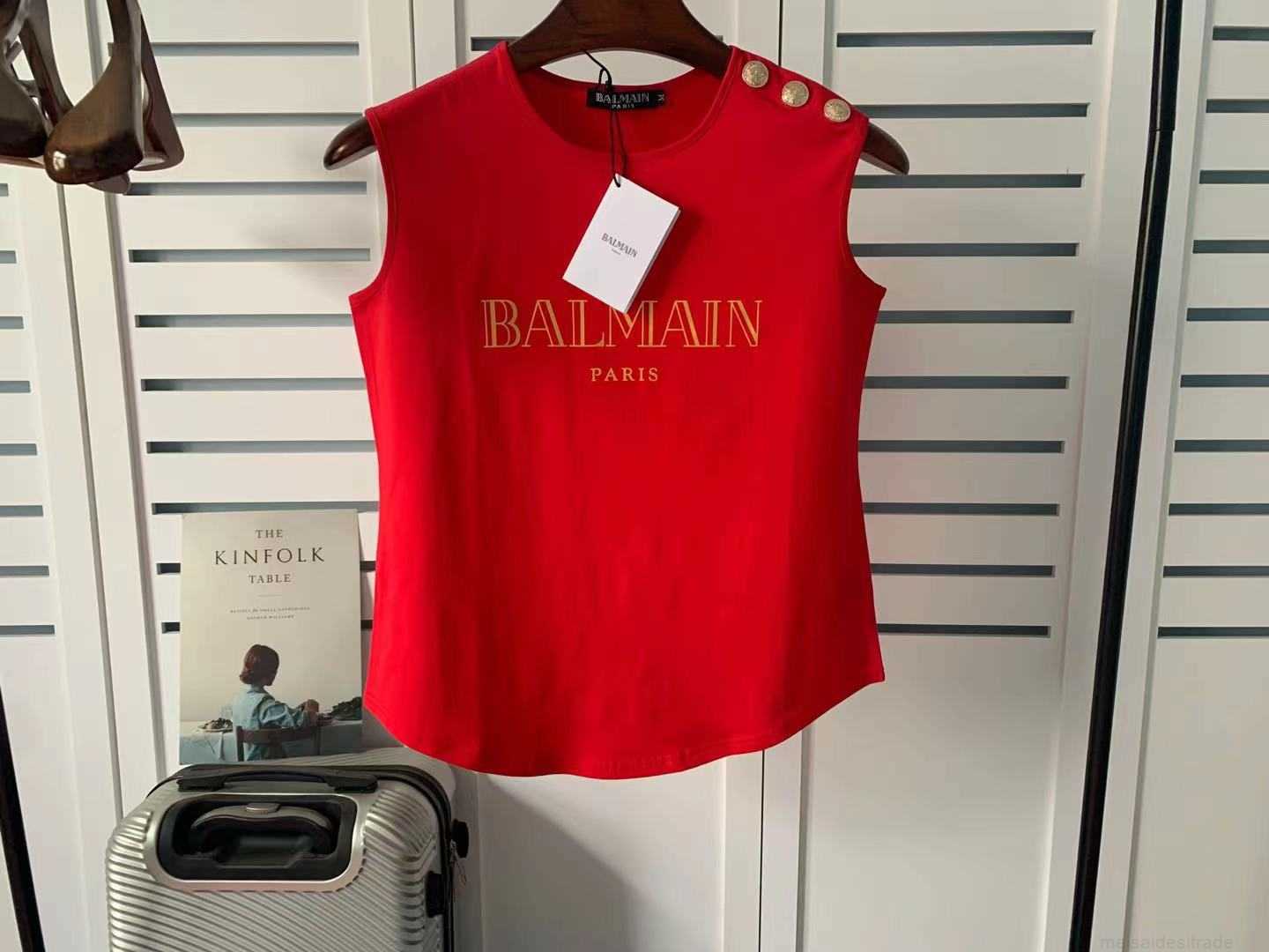 

Designer Luxury Coats Spring and Summer New Bal Sleeveless Hot Shoulder Gold Button Vest Arc Hem Tshirt Women Classic Letter PrintDGQY