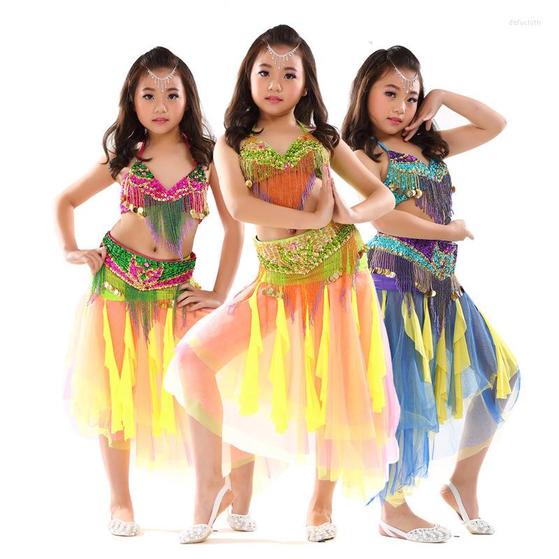 

Stage Wear Performance Children Dance Clothes Beaded Outfits Belly Costume Bra Belt Skirt Competition #868, Green