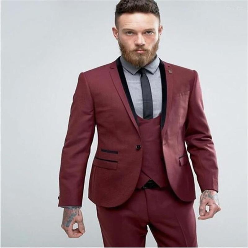 

Men's Suits 2023 High Quality Customized Burgundy Single Button Men's Suit Notched Lapel Slim Groom 3- Piece Set (Coat Pants Vest), Same as picture