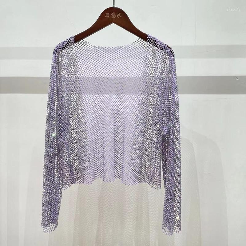 

Women's T Shirts Glitter Diamond Fishnet T-Shirt Long Sleeve See Through Cardigan Crystal Rhinestone Sexy Hollow Out Festival Rave Party, Beige