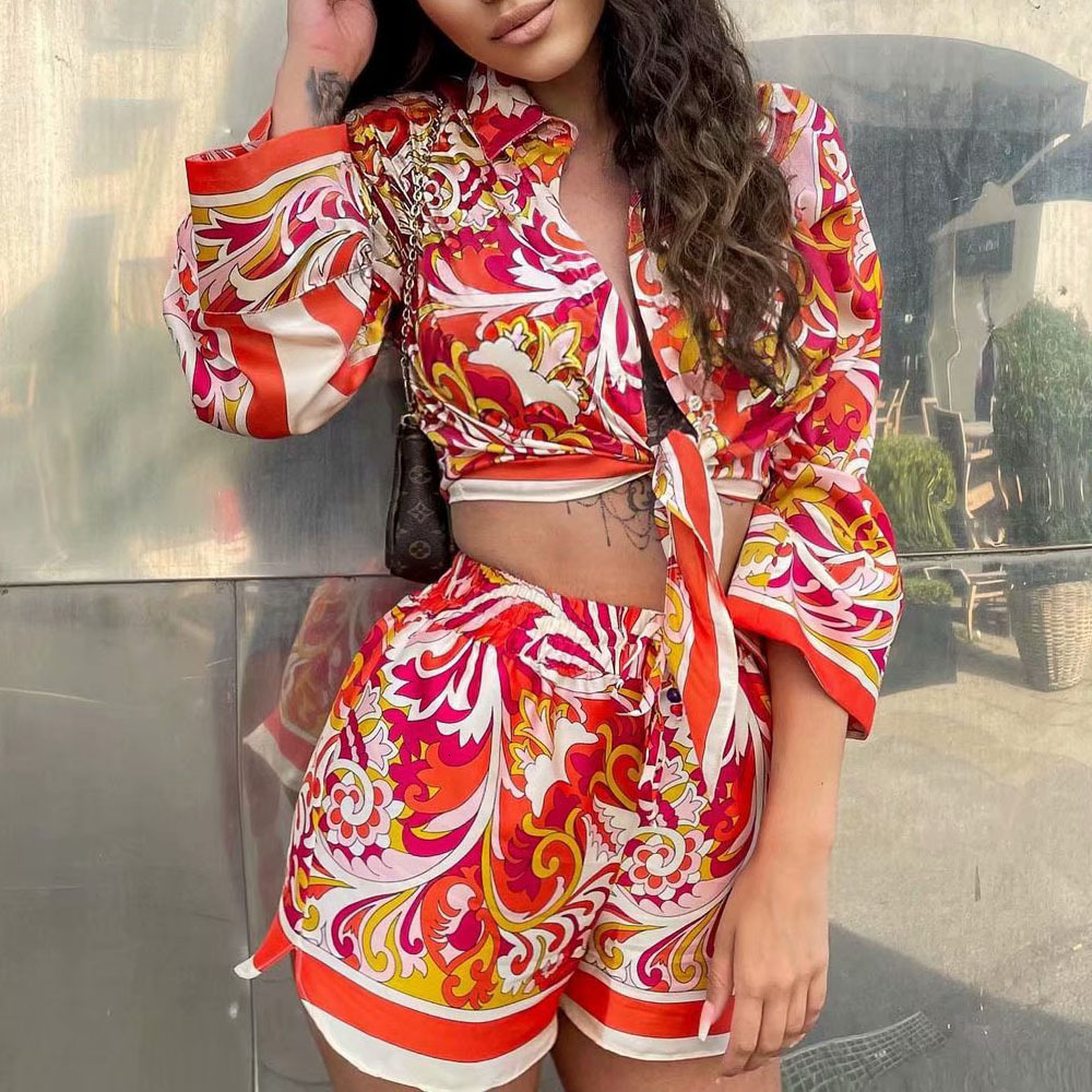 

Womens Two Piece Pants Tops High Waist Pants Women Shorts Sets Y2k Morocco Print Tie Super Suit Casual Loose Long Sleeve Elastic Waist Egirl Sets 230316