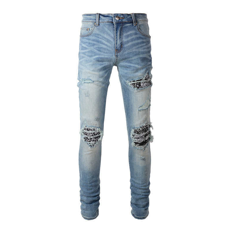 

Jeans Mens Am1r1 Trousers Pants Mirri Ripped Fashion Designer Brand New Men's White Embroidery Patch Elastic Slim Denim Hip Hop High E28Y, Light blue