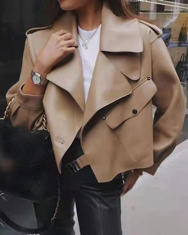 

Women' Leather Short Jacket Coat Women' Temperament Commuter Autumn Winter 2023, Khaki.