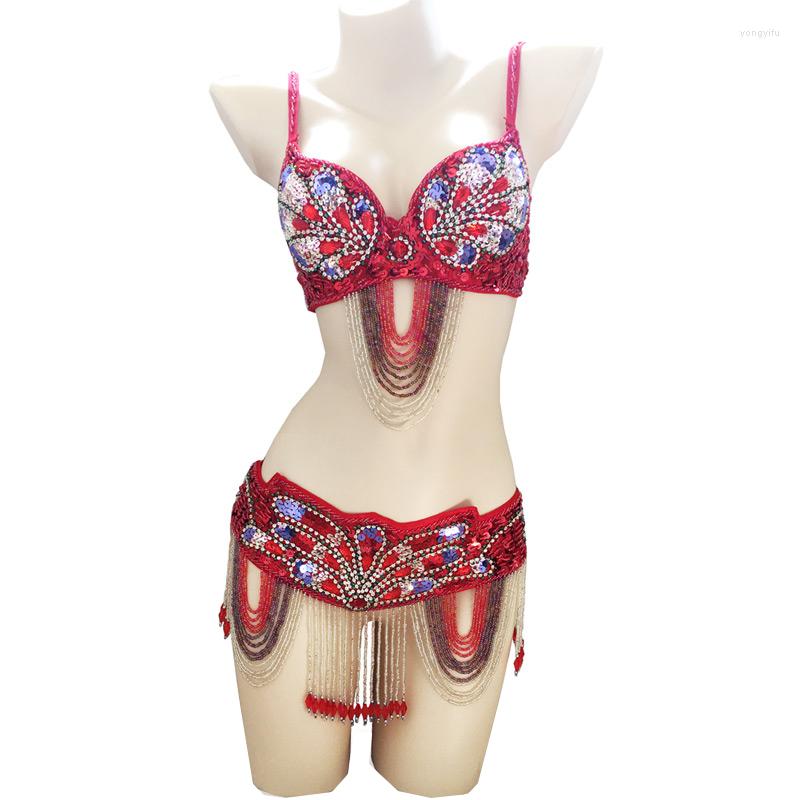 

Stage Wear 2023 Performance Belly Dancing Costumes 2 Pieces Eastern Style Sequins Fringes Dance Bra And Belt, Royal blue