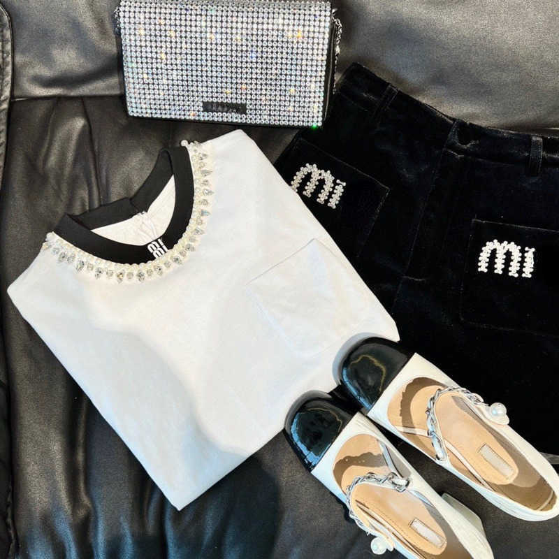 

100% cotton miu shirt designer t shirt beaded short-sleeved T-shirt women' 23 summer color contrast fashion high end trendy round neck tshirt shorts, White