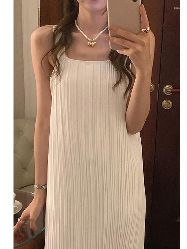 

Casual Dresses Woman Dress Korean Chic Summer Minimalism Small Minority Square Collar Loose Textured Design Sleeveless Suspender Female, White