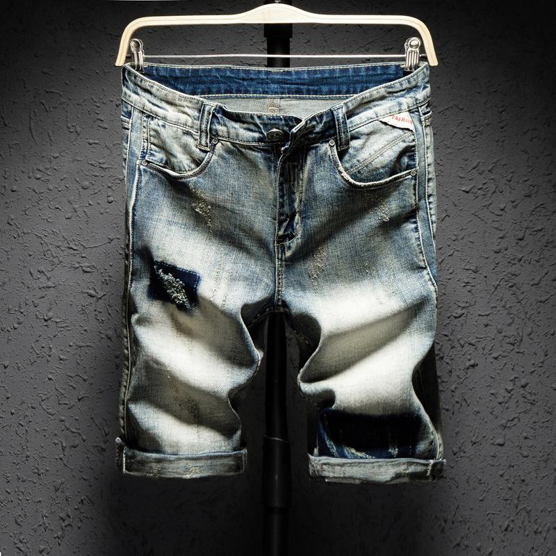 

Men's Shorts Men Clothing Ripped Denim Knee Length Washed Retro Distressed Patch Trend Streetwear Male Jeans Five Points PantsMen's, Blue