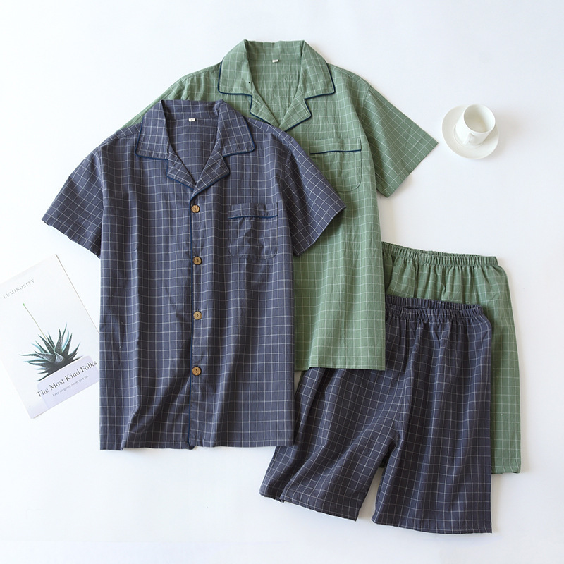 

Men's Sleepwear Men's Pajamas Summer Thin Short-sleeved Shorts Washed Cotton Simple Japanese Plaid Home Service Suit Pantalon Pijama Hombre 230317, Shorts set