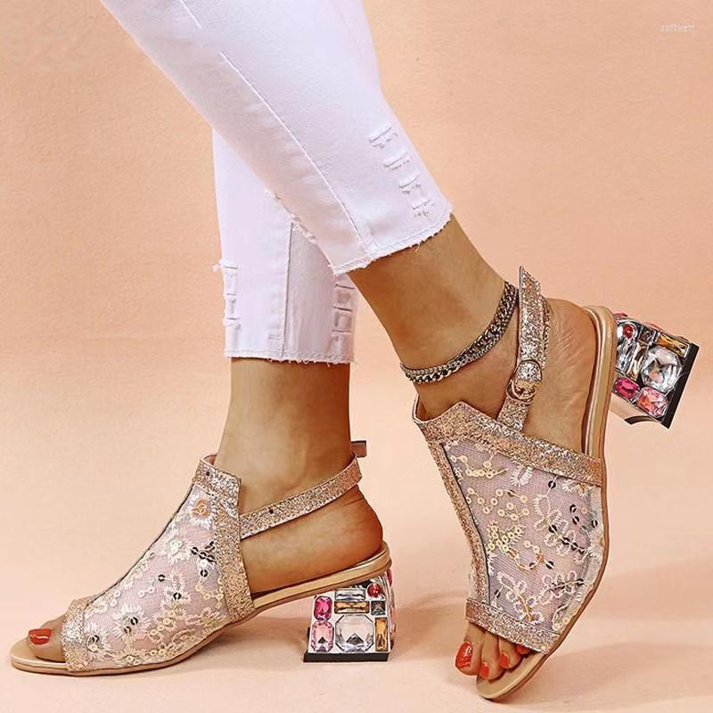 

Sandals Luxurious Rhinestone Heeled Women Shoes Summer 2023 Trends Gold Sexy Lace Peep Toe Modern Elegant Party With Skirt, White