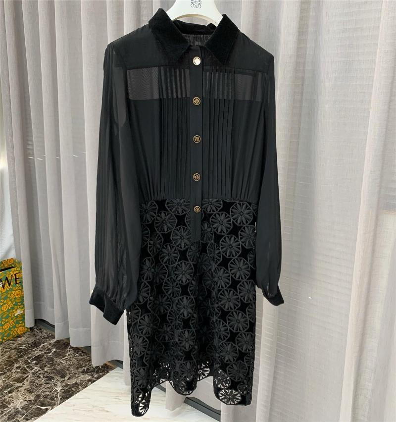 

Casual Dresses Openwork Flowers Water-soluble Lace Dress Patchwork Receiving Belt Pack Hip Black Color For Woman