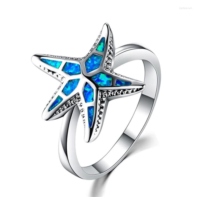 

Wedding Rings Blue Fire Opal Starfish Ring Female Dainty Sea Star Bridal Fashion Silver Color Ocean Animal For Women Summer Jewelry