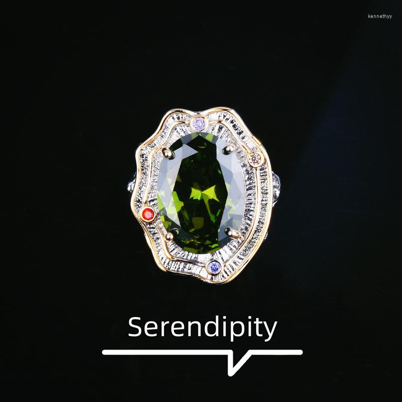 

Wedding Rings Fashion Adjustable Ring Inlay Green Crystal Cubic Zirconia Two-Tone Jewelry For Women Engagement Gifts