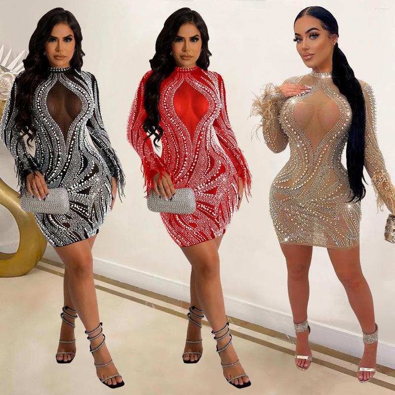 

Casual Dresses 2023 American Retro Design Fashion Women' Wear Mesh See-through Rhinestone Foam Beads Long Sleeve Feather Dress, C6192-red