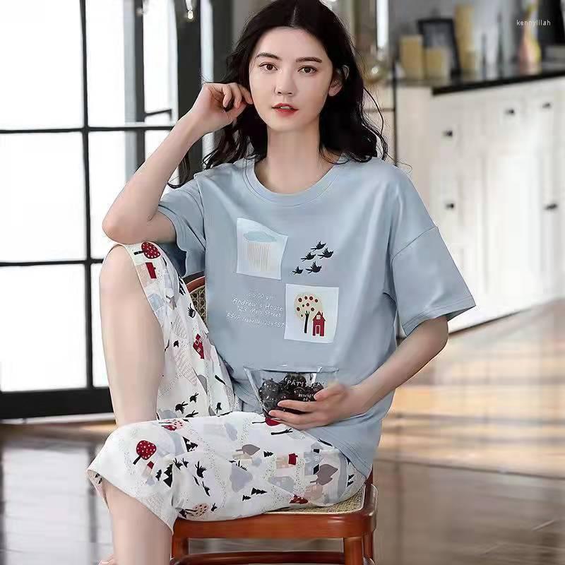 

Women's Sleepwear Pajamas Women's Summer Short-sleeved Cropped Trousers Round Neck Print Girls' Spring And Autumn Style Widening