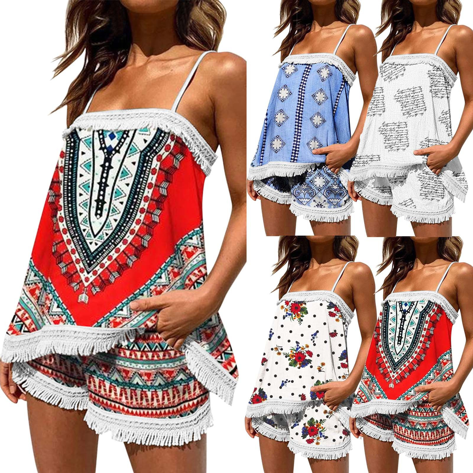 

Womens Two Piece Pants Summer Clothes Women Ethnic Folk Outfits Sexy Floral Print Boho Sling Tassel Shorts Set Camis Top And Shorts Beach Two Piece Set 230316