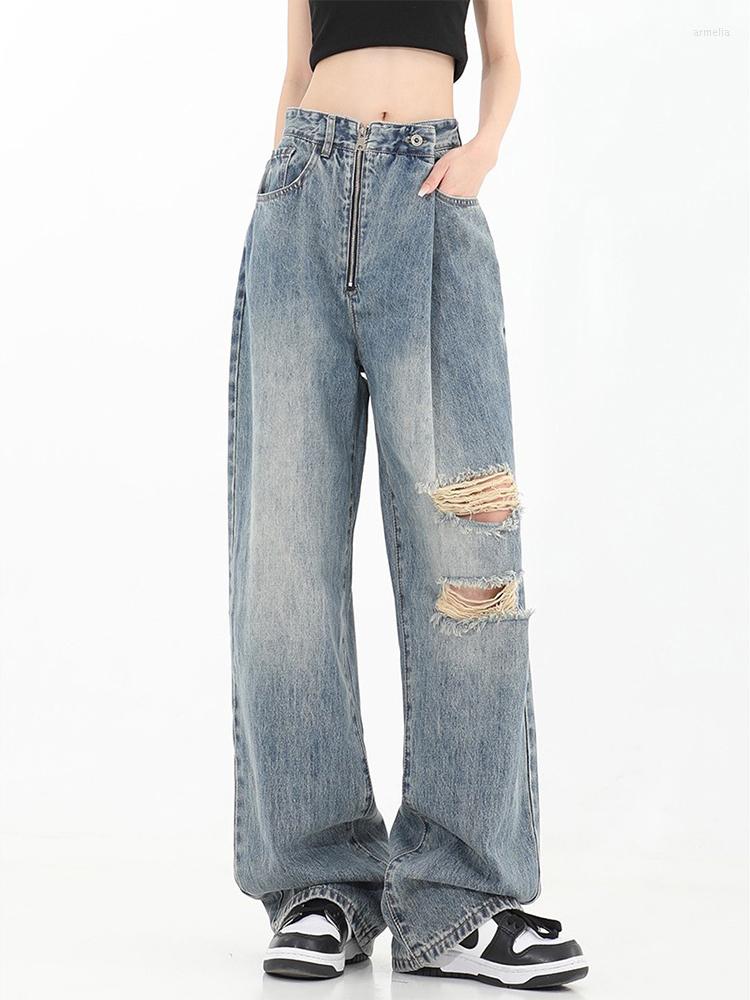 

Women' Jeans 2023 Women Harajuku Y2k Ripped Denim Wide Leg Pants Long Trousers Design Streetwear Hip- Tide E-girl Cyber Loose Casual, Blue