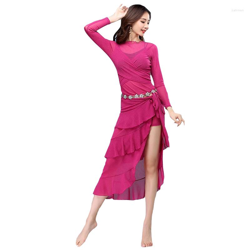 

Stage Wear Fashion Women Dance Clothing Class Spandex Stretchy Mesh Sequins Belly Costume Set 2pcs Over-Skirt Hip Scarf, Red