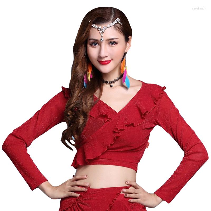 

Stage Wear Class Women Belly Dance Clothing Accessories Stretchy Mesh Shinny Dots Long And Half Sleeves V-neck Top Lace-ups, Navyblue long sleeve