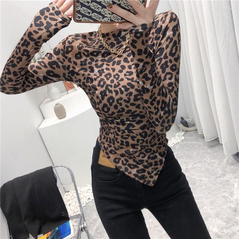 

Women' T Shirts Woman T-shirts Women' Round Neck Leopard Print Long Sleeve T-shirt 2023 Autumn Irregular Top Mujer Camisetas, Black