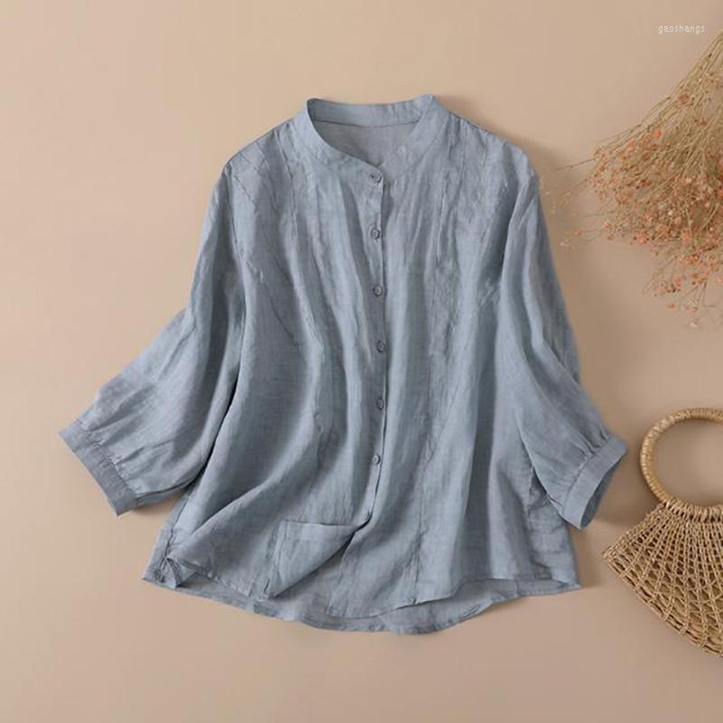 

Women's Blouses Arrival Spring/autumn Women O-neck Cotton Linen Casual Blouse Vintage Loose Long Sleeve Single Breasted Shirts P461, Pink