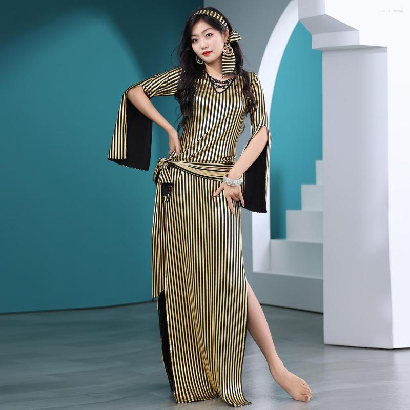 

Stage Wear Egyptian Baladi Folk Dance Outfit Golden Robe Stripe Bronzing Saidi Long Dress 3 Pieces Costume Set (Dress Belt Headband), Picture shown
