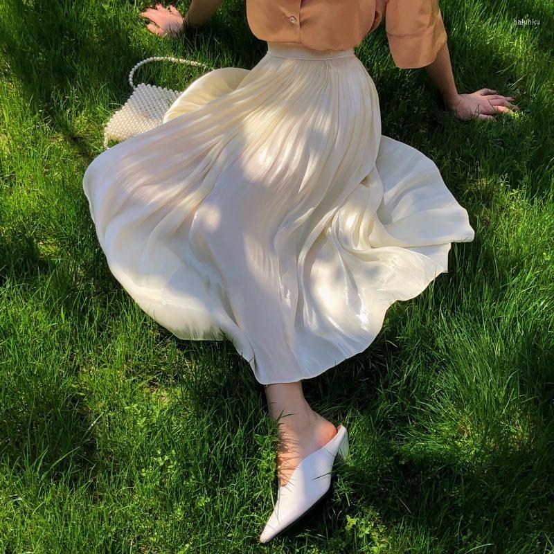 

Skirts Gloss Pleated High Waist Skirt Solid Color Women' Long Pearly Shiny Silky Summer Ladies Silk Satin, Glossy green