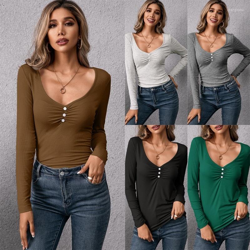 

Women' T Shirts Women V-neck Long Sleeve Ribbed Basic T-shirt 2023 Autumn Winter Solid Casual Slim Button Tshirt Female Elegant Shirt Tops, Black