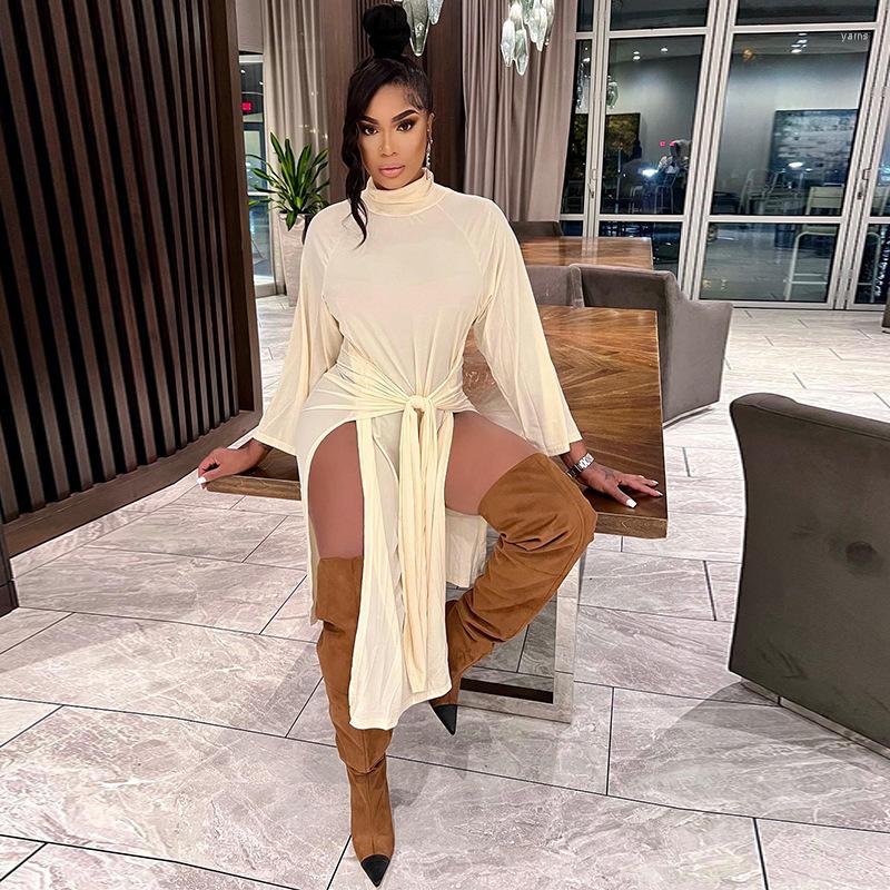 

Casual Dresses 2023 Spring Office Lady High Neck Solid Elegant Women Deep Female Pleated Chic Ladies Long Sleeve Dress Sexy, Beige
