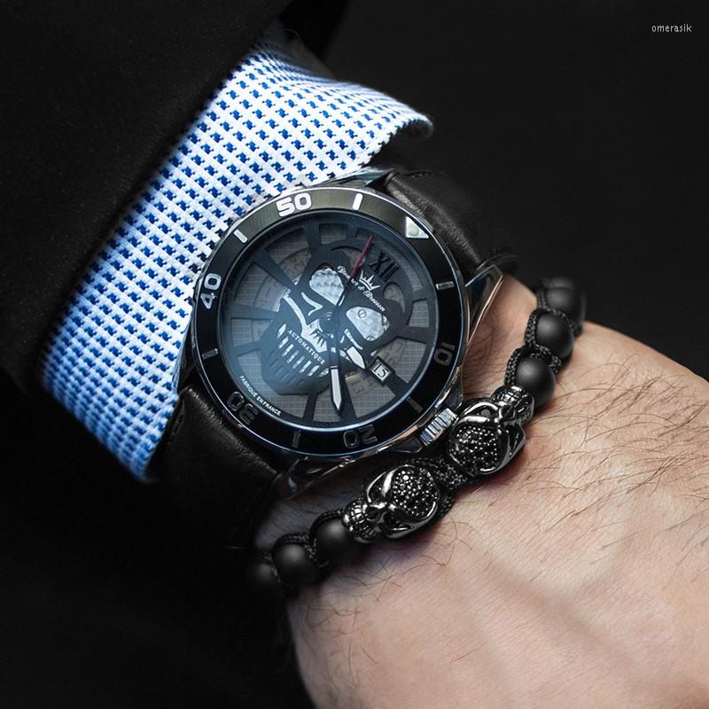 

Charm Bracelets Brand Natural Black Agated Stone Skeleton Skull Macrame Bracelet Men Gift Punk Rock Jewelry Micro Pave CZ