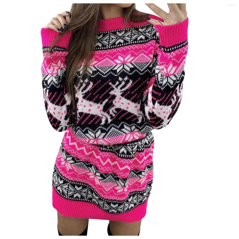 

Casual Dresses Christmas Knit Sweater Dress Long Sleeve Geometric Print Round Neck Loose Sweet Mini For Teen Girls Party Holiday, Orange