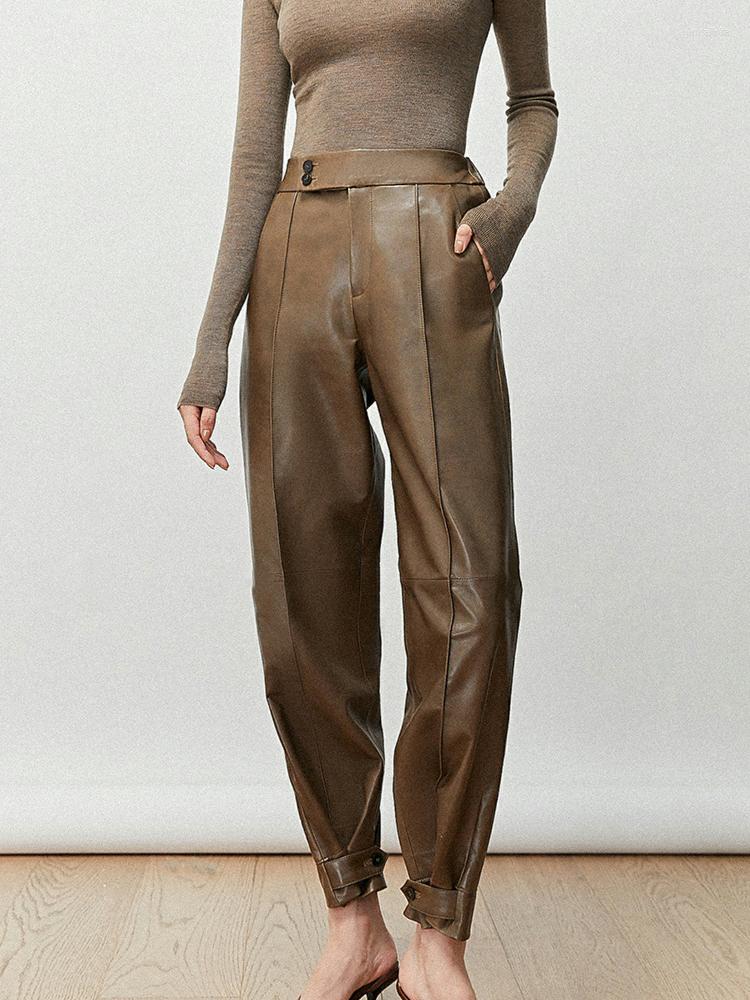 

Women's Pants CamKemsey Women Autumn Winter Casual High Waist Chic Spliced PU Leather Straight Ankle Length Office Lady Formal Trousers, Chocolate